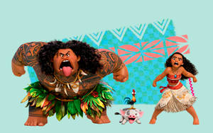 Maui、Moana 和他們的動物夥伴在色彩繽紛的動畫場景中。