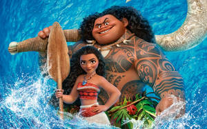 Moana 和 Maui 在海浪中划槳，身後有一條巨大的魚尾。