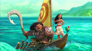 Moana 和 Maui 乘坐獨木舟航行，船上有一隻公雞和一隻豬。
