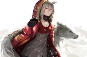 動漫女孩與狼同伴在雪中。