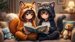 兩個穿著動物服裝的孩子在沙發上與毛絨玩具一起讀書。