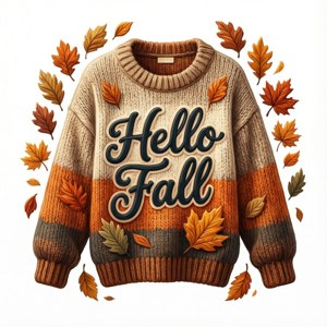 舒適的毛衣，帶有「Hello Fall」字樣，周圍環繞著飄落的秋葉。