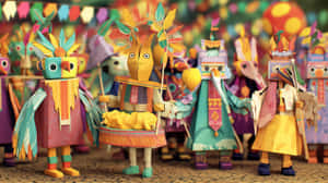 紙藝人物穿著彩色服裝和羽毛頭飾，參加節日遊行。