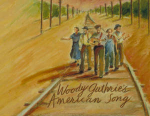 五位音樂家在鐵路軌道上行走，附有文字 Woody Guthrie's American Song — 音樂 GIF 壁紙