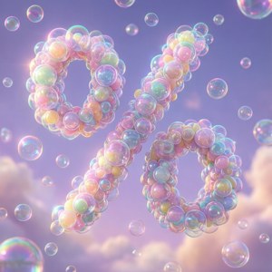 一個由彩色泡泡組成的百分號，漂浮在柔和色調的天空中。