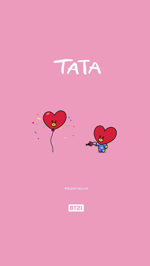 兩個BT21心形角色在粉紅色背景上漂浮，帶有五彩紙屑氣球。