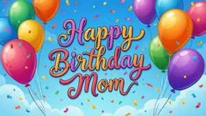 Happy Birthday Mom 訊息被氣球和五彩紙屑環繞，背景是藍天
