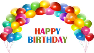 彩色氣球在「HAPPY BIRTHDAY」文字上方形成一個拱門。
