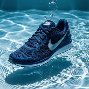 一對藍色Nike運動鞋漂浮在漣漪的水中，氣泡升起。