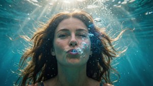 女性在水中吹泡泡，陽光透過水過濾。