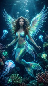 有翼的美人魚在珊瑚礁間滑行，周圍環繞著發光的水母。