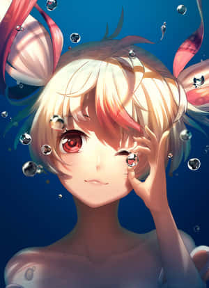 金髮紅眼的動漫女孩在水下微笑，周圍有氣泡。 — 動漫女孩 壁紙