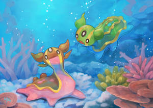 兩隻卡通海洋生物在水中的珊瑚和氣泡間暢游。