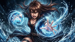 動漫女孩揮舞著藍色水魔法，雙手周圍有旋轉的急流。