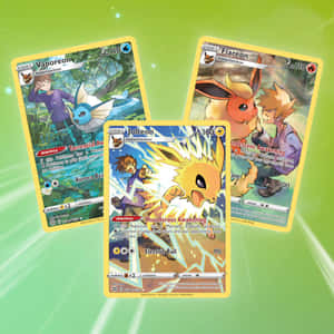 三張寶可夢集換式卡牌， featuring Vaporeon、Flareon 和 Jolteon 及其訓練家。