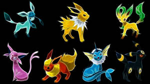 六隻發光的 Pokémon 伊布進化型以鮮豔色彩在黑色背景前。 — 可愛寵物小精靈 壁紙