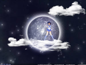 Sailor Mercury 站在繁星夜空中有雲朵的發光月亮上。 — 太空 壁紙