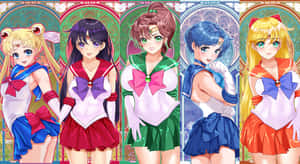 五位身穿水手服的動畫女孩在裝飾拱門前擺姿勢。