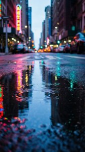 雨水坑在夜晚的濕漉漉街道上反射霓虹燈光和城市建築。