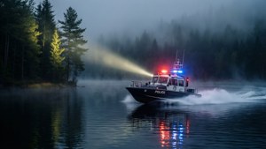警用快艇在夜間霧氣水面上疾馳，閃爍燈光並映出樹影