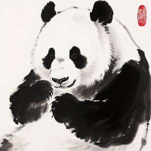 一幅傳統水墨畫，描繪了一隻大熊貓，筆觸柔和，角落有紅色印章。