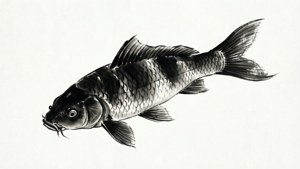 一幅黑白墨水畫，描繪一條錦鯉，魚鱗和魚鰭細節豐富。