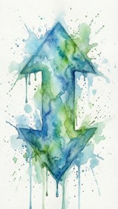 帶有藍色和綠色滴落和飛濺的箭頭水彩藝術作品。