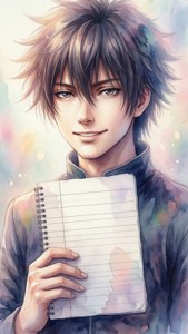 動漫男孩頭髮凌亂，在柔和的粉彩背景前拿著一本橫線筆記本。 — iPhone 8 Plus 壁紙