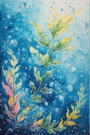 色彩繽紛的海藻，氣泡在藍色水下場景中上升，以水彩風格繪製