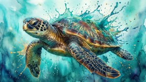 一隻色彩繽紛的水彩海龜在飛濺的海浪中游泳。