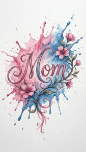 水彩藝術品，其中「Mom」一字被粉紅色花朵和藍粉紅色潑濺環繞。