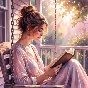 女性在盛開樹木下的金色陽光中於門廊鞦韆上看書。