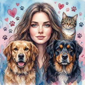 女性與金毛尋回犬、黑狗和虎斑貓，被心形和爪印環繞。