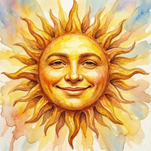 一個微笑的太陽，帶有金色光芒，以水彩風格繪製在柔和的天空背景下。