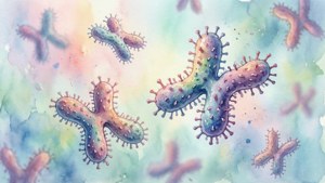 色彩繽紛的病毒粒子漂浮在水彩背景上。
