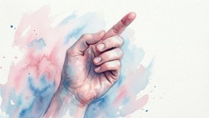 一幅水彩畫中，一隻手指向上，帶有粉紅色和藍色色調。