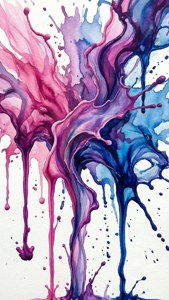 抽象水彩藝術作品，在白紙上呈現粉紅色和藍色墨水飛濺和滴落