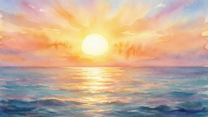 海上日落，金色光芒反射在水面上，粉彩天空。