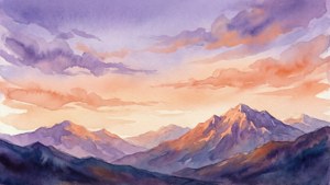 以水彩風格繪製的山脈上空紫色和橙色日落 — 漸變色 壁紙