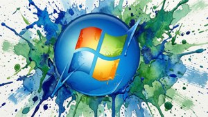 光澤的Windows標誌，周圍有色彩繽紛的水彩潑濺。 — Windows Vista 壁紙