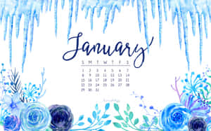 帶有藍色冰柱和水彩花卉設計的一月日曆。 — 新年快樂 GIF 壁紙