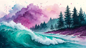 綠松石色的海浪在粉紅紫色天空下拍打著長有松樹的紫色懸崖 — 樹 壁紙