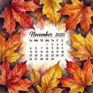 2020年11月月曆，周圍環繞著色彩繽紛的秋葉。