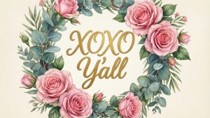 粉紅玫瑰和桉樹花環，金色草書文字 XOXO Y'all