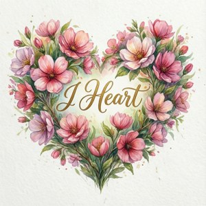心形花卉設計，粉紅色花朵和綠色葉子環繞金色草書文字 'I Heart'。
