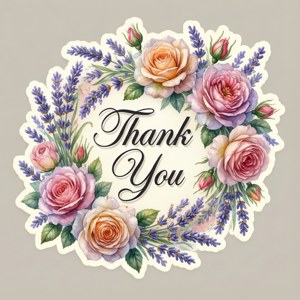 一個由玫瑰和薰衣草組成的花卉花環，以優雅的字體圍繞著「Thank You」字樣。