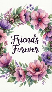 粉紅色和紫色花朵以及綠色葉子環繞著「Friends Forever」文字的花環。