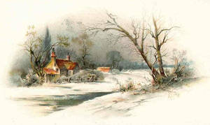 雪覆小屋，結冰河邊，光禿樹木的水彩場景。 — 水彩 壁紙