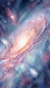 一幅螺旋星系的水彩畫，散發著粉紅、藍色和金色的色調。 — iPhone Xs 壁紙