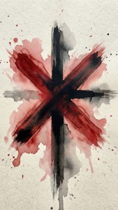 抽象水彩藝術作品，在紋理紙上呈現黑色十字架及紅色和灰色濺點。